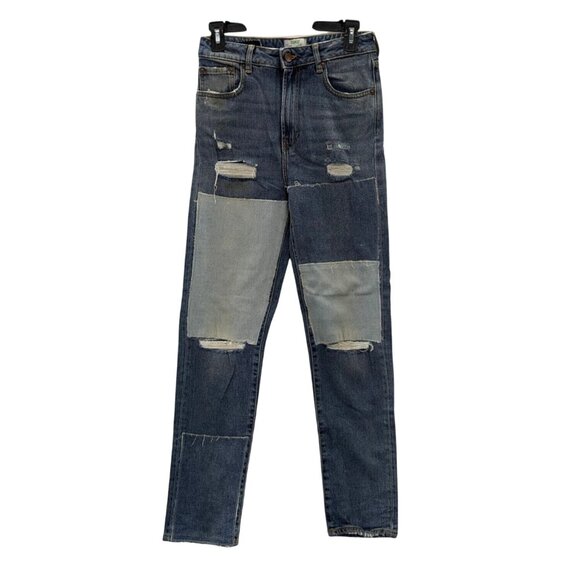 Distressed Denim Jeans Women Size 25.5 Straight Leg Y2K Streetwear Patchwork 90s - Picture 1 of 12